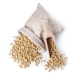 Photo of Soy beans and scoop in burlap sack isolated on white, top view