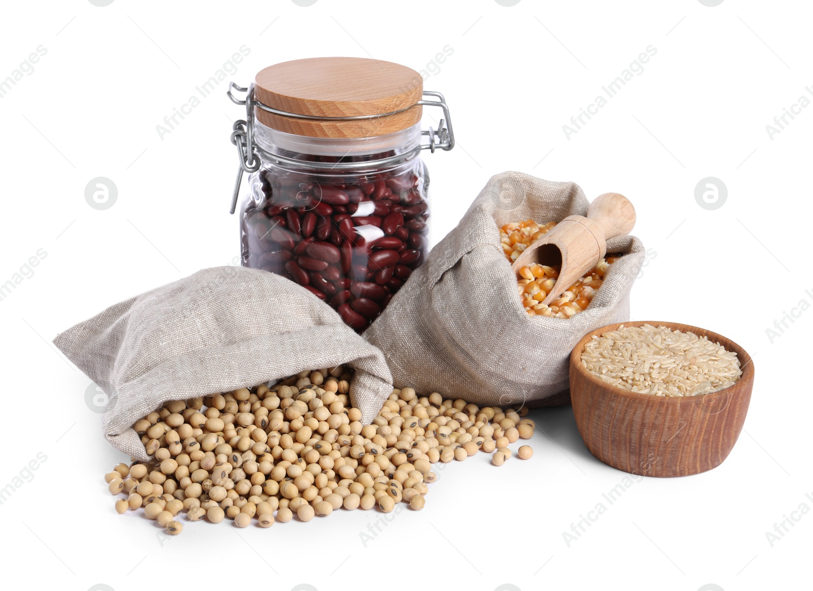 Photo of Different types of cereals and legumes isolated on white