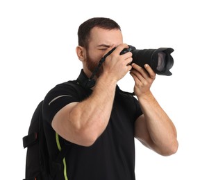 Photo of Photographer with backpack and camera taking picture on white background