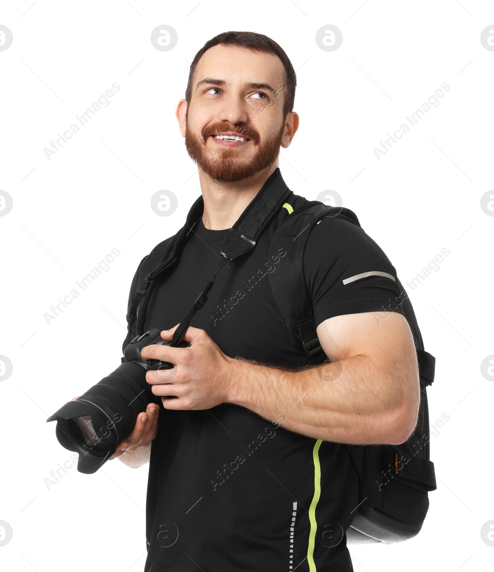 Photo of Photographer with backpack and camera on white background