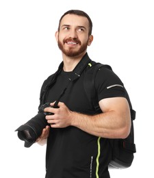 Photographer with backpack and camera on white background