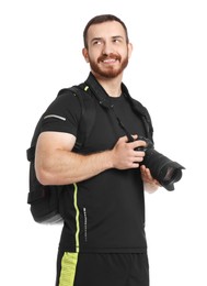 Photographer with backpack and camera on white background