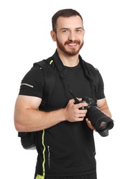 Photographer with backpack and camera on white background