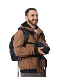 Photographer with backpack and camera on white background