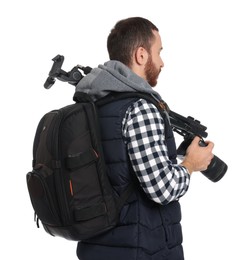 Photographer with backpack and camera on white background, back view