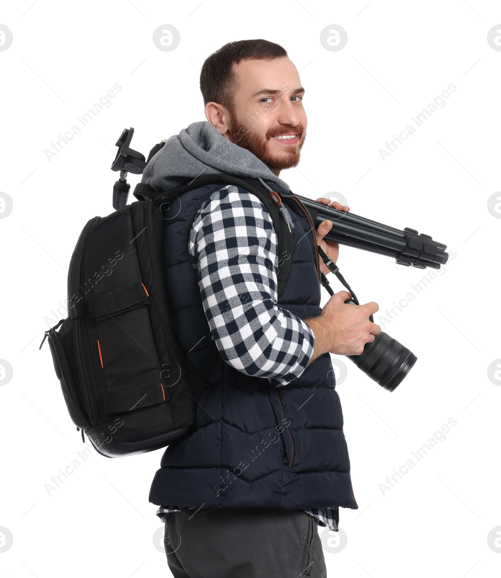 Photo of Photographer with backpack and camera on white background