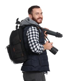 Photographer with backpack and camera on white background