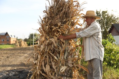 Senior man in straw hat with pile of hay outdoors