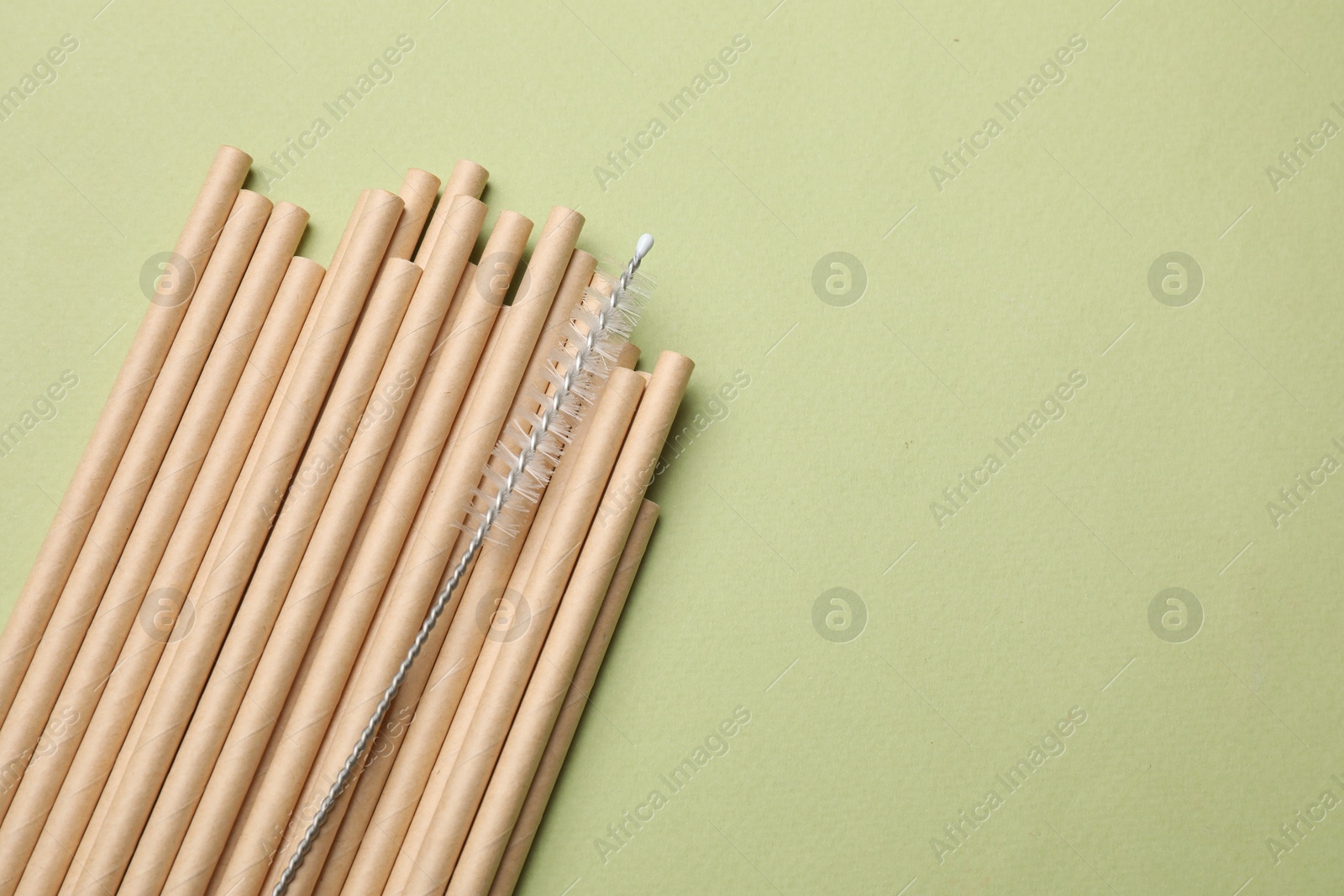 Photo of Bamboo drinking straws and cleaning brush on green background, top view. Space for text