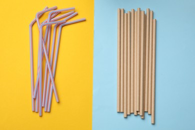 Photo of Plastic and bamboo drinking straws on color background, flat lay