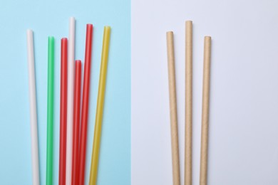 Photo of Plastic and bamboo drinking straws on color background, flat lay