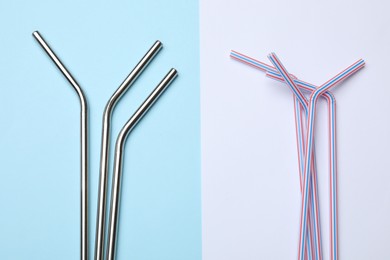 Photo of Metal and plastic drinking straws on color background, flat lay