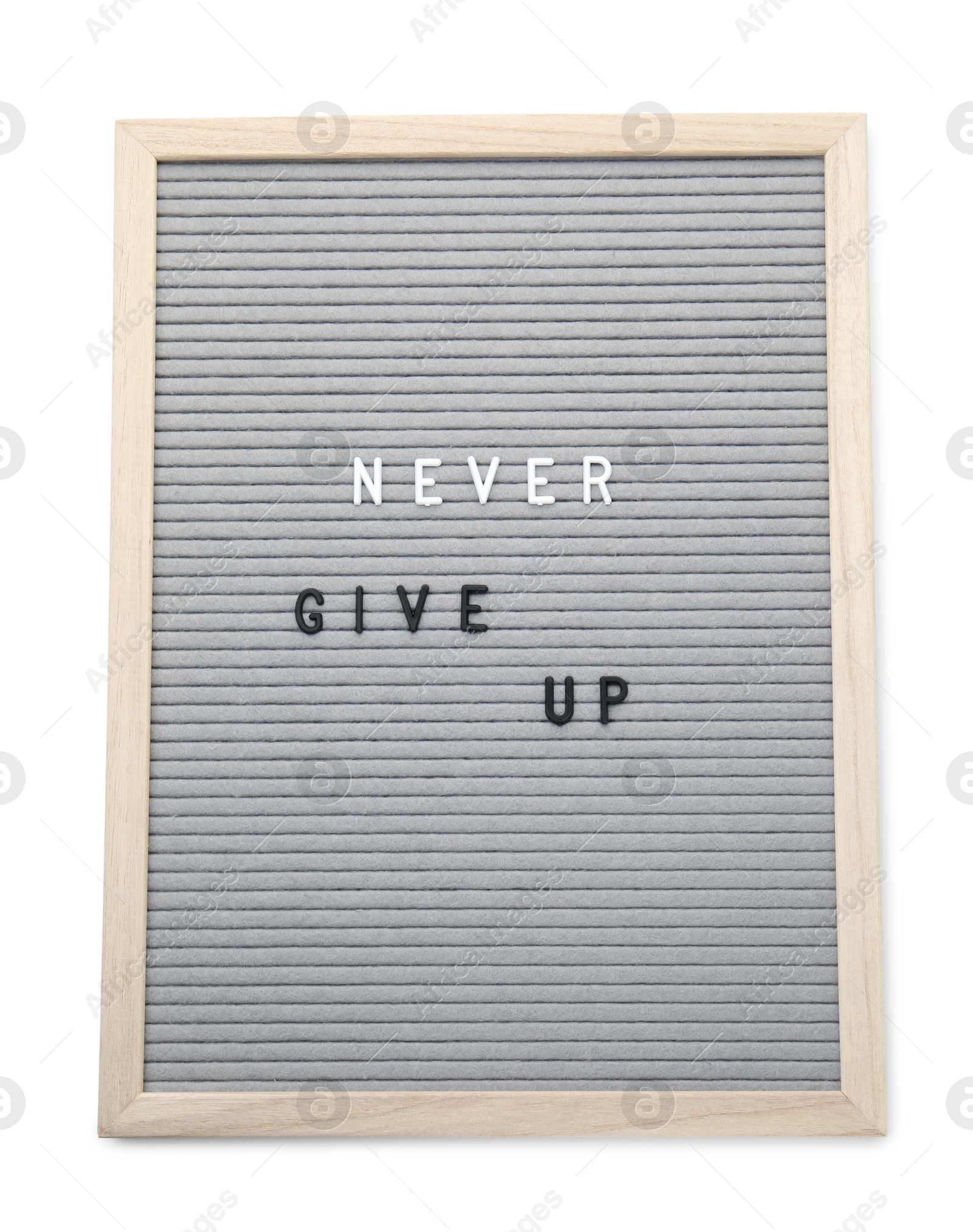 Photo of Letter board with phrase Never give up on white background, top view