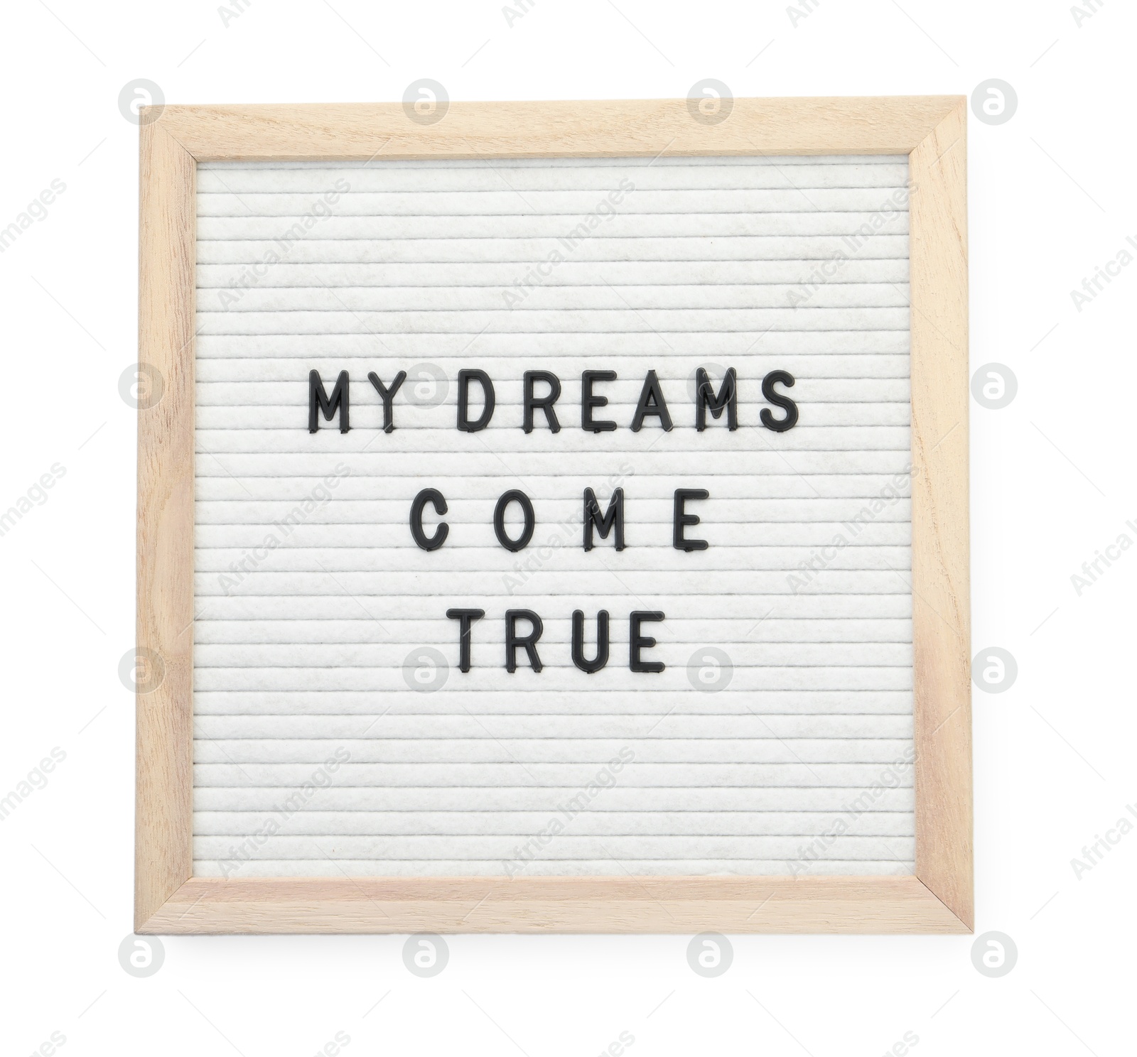 Photo of Letter board with phrase My dreams come true on white background, top view