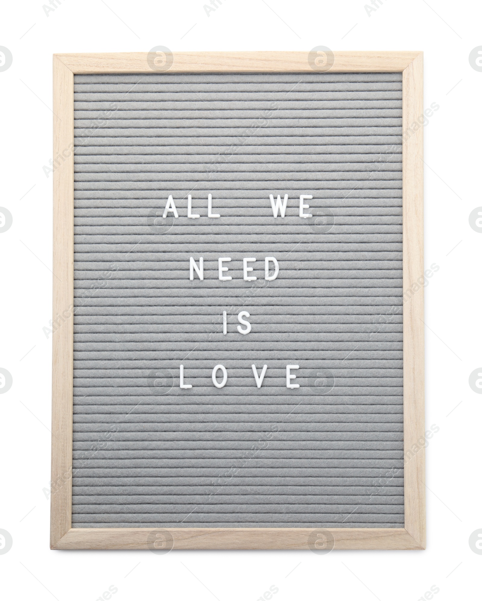 Photo of Letter board with phrase All we need is love on white background, top view