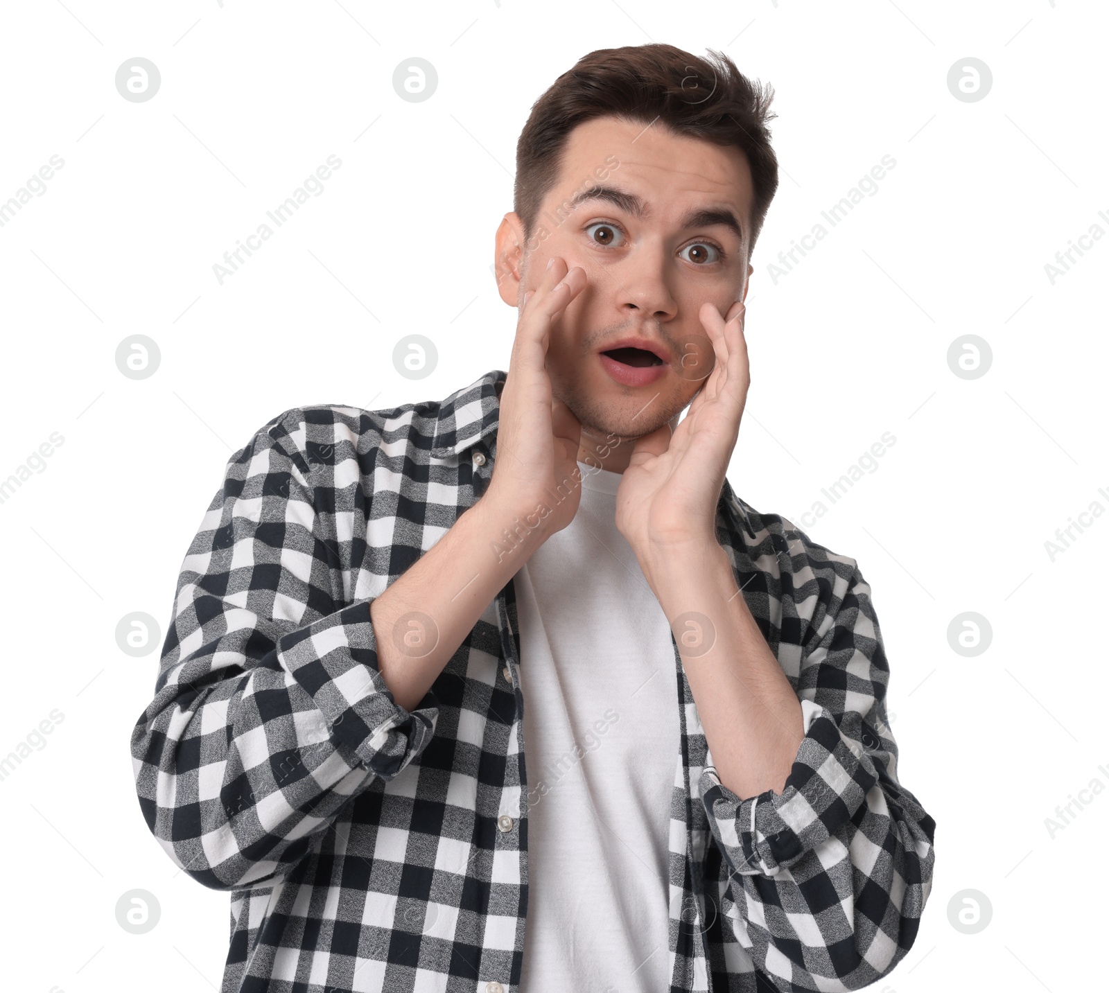 Photo of Portrait of scared young man on white background