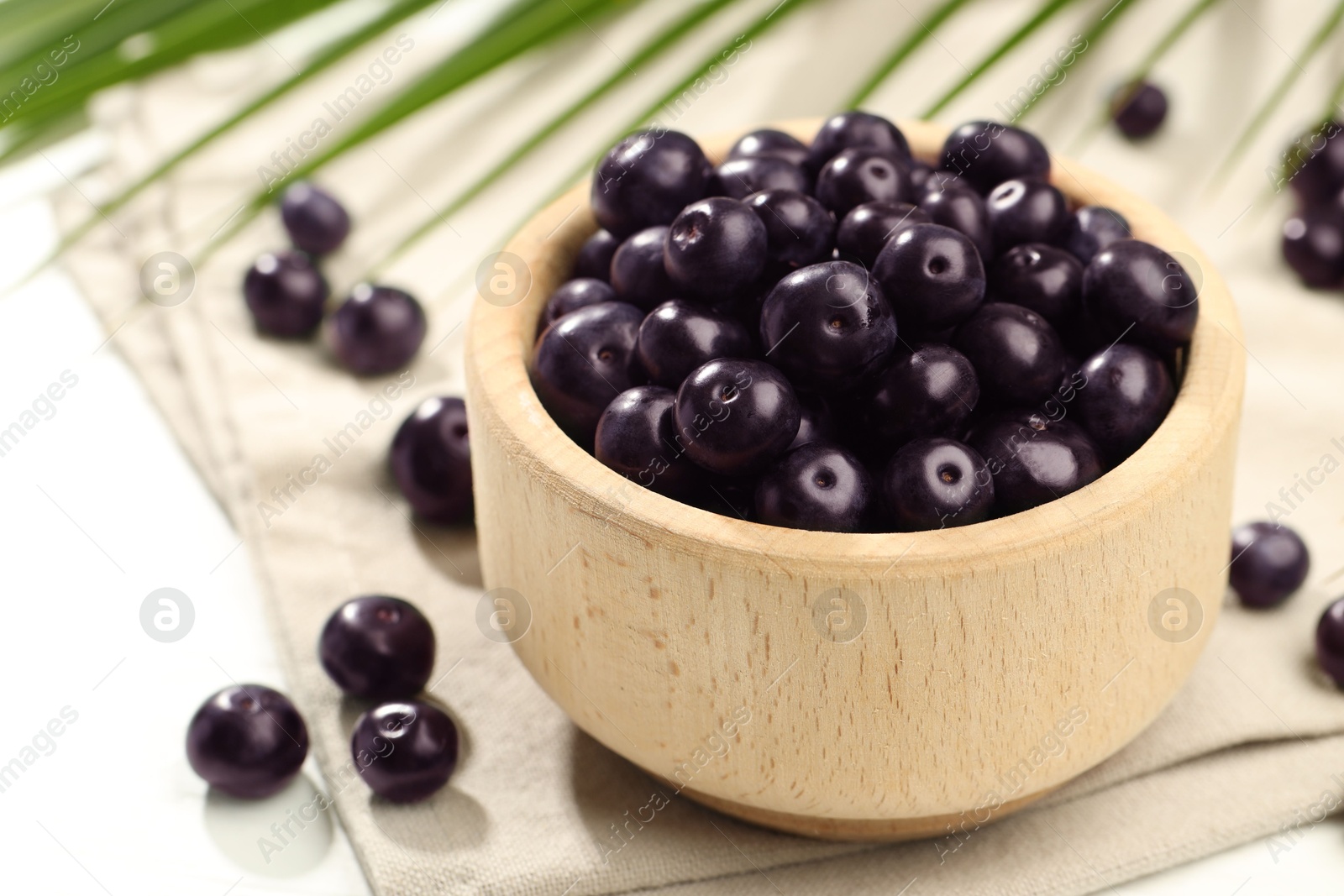 Photo of Ripe acai berries in bowl on light table, closeup