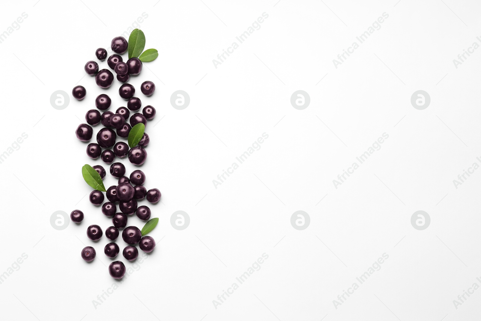 Photo of Ripe acai berries and leaves on white background, flat lay. Space for text