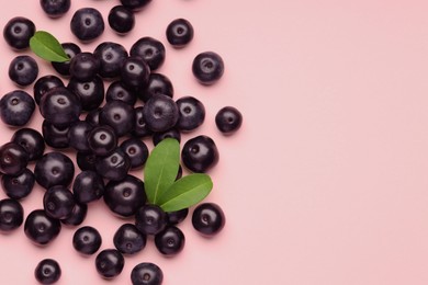 Photo of Ripe acai berries and leaves on pink background, flat lay. Space for text