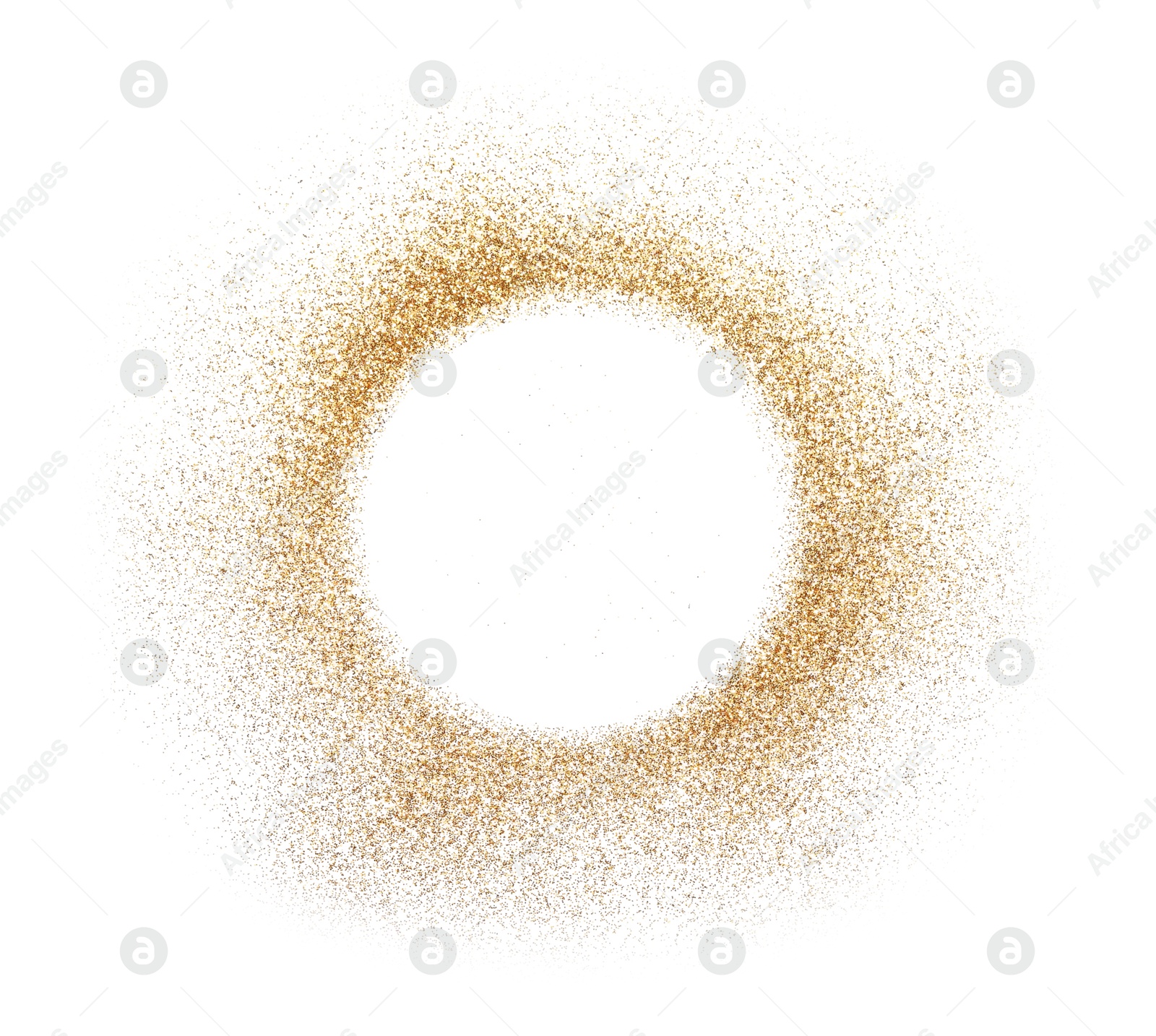 Photo of Circle of shiny golden glitter isolated on white, top view