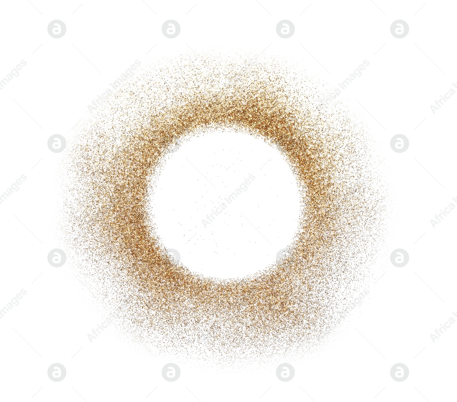 Photo of Circle of shiny golden glitter isolated on white, top view