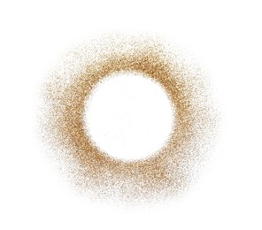 Photo of Circle of shiny golden glitter isolated on white, top view