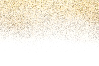 Photo of Shiny golden glitter isolated on white, top view