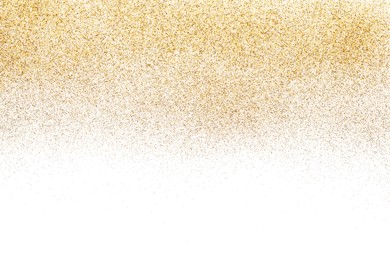 Photo of Shiny golden glitter isolated on white, top view