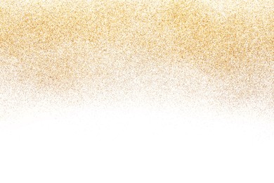 Photo of Shiny golden glitter isolated on white, top view