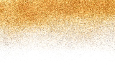 Photo of Shiny golden glitter isolated on white, top view