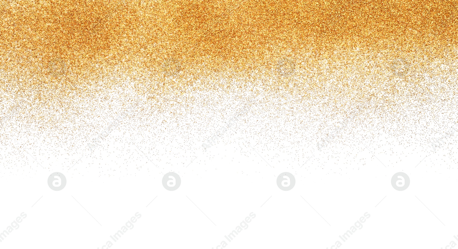 Photo of Shiny golden glitter isolated on white, top view