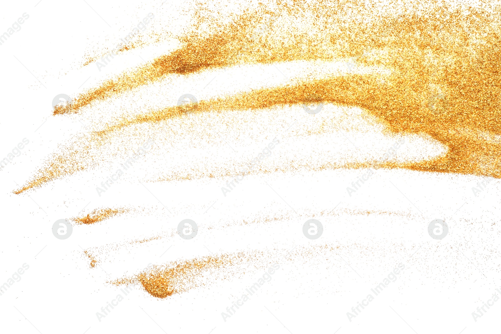 Photo of Shiny golden glitter isolated on white, top view