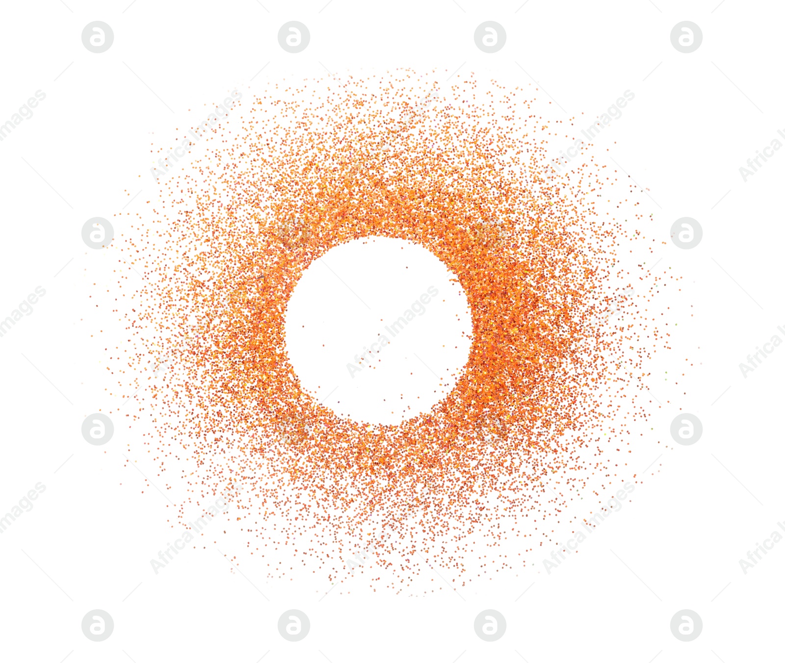 Photo of Circle of shiny golden glitter isolated on white, top view