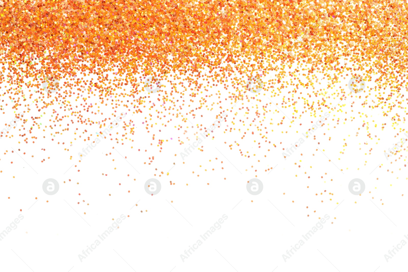 Photo of Shiny golden glitter isolated on white, top view