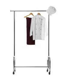 Chef's uniform on clothing rack against white background