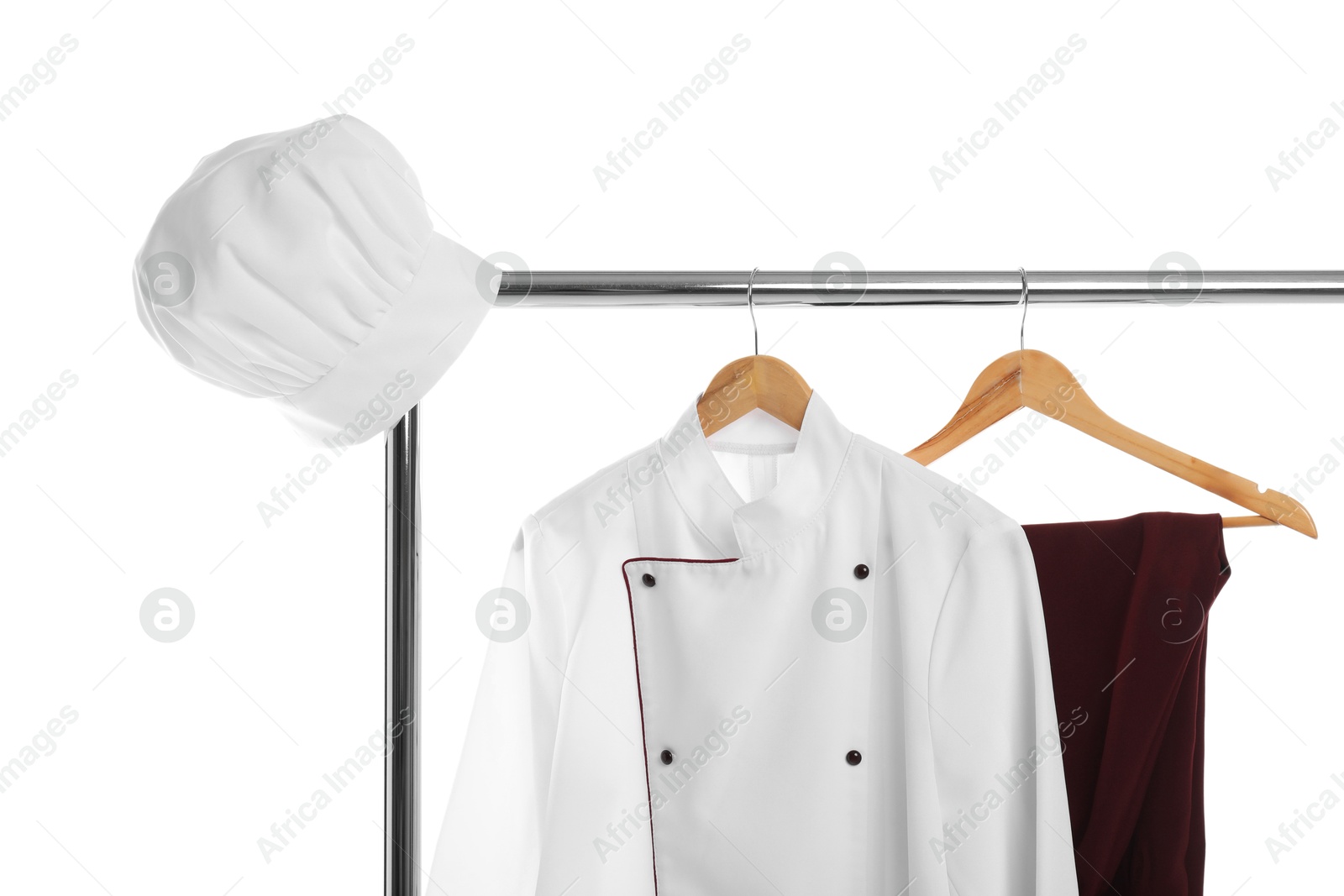 Photo of Chef's uniform on clothing rack against white background