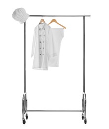 Chef's uniform on clothing rack against white background