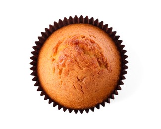 Photo of One delicious sweet muffin isolated on white, top view