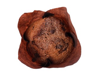 Photo of Delicious sweet muffin with chocolate chips isolated on white, top view