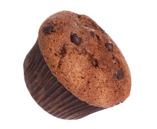 Photo of Delicious sweet muffin with chocolate chips isolated on white