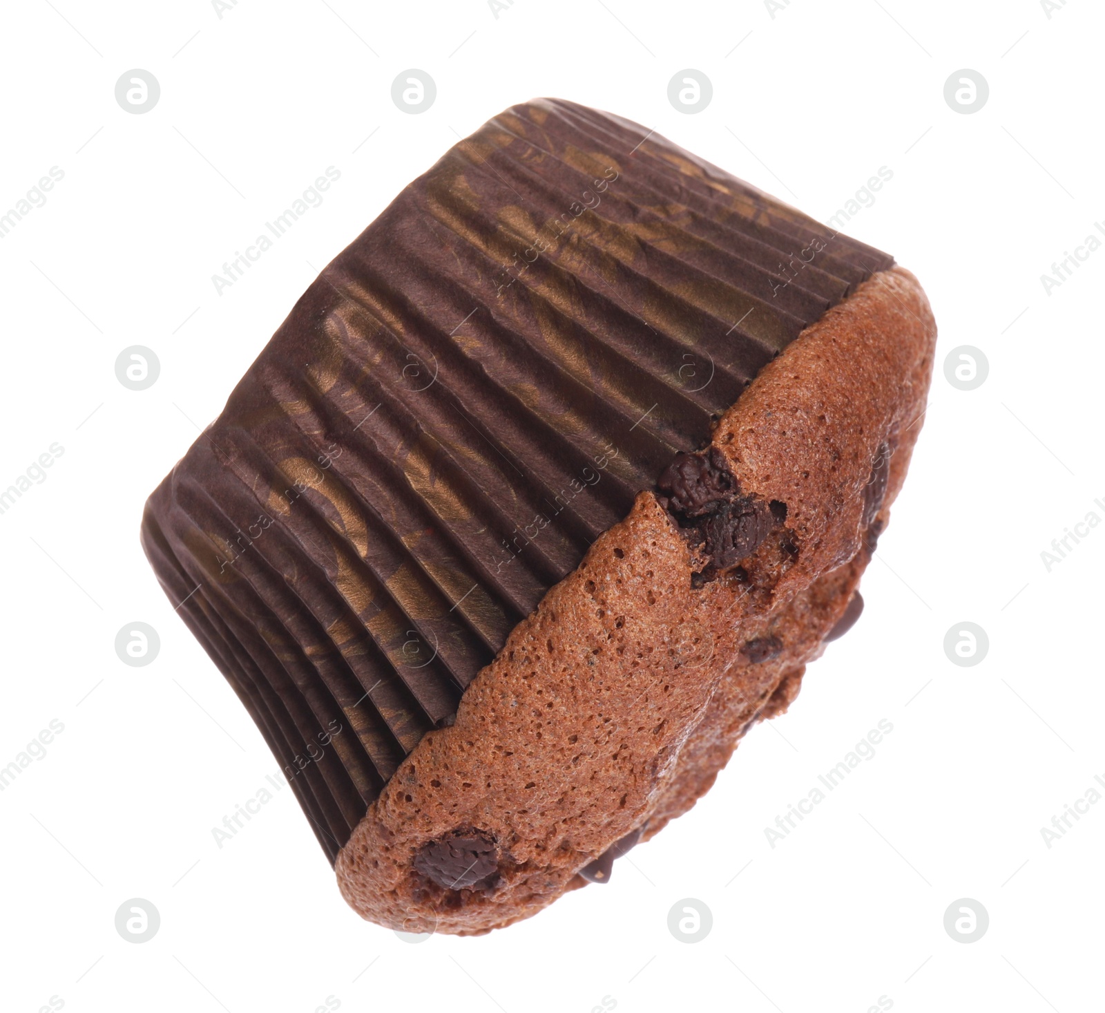 Photo of Delicious sweet muffin with chocolate chips isolated on white