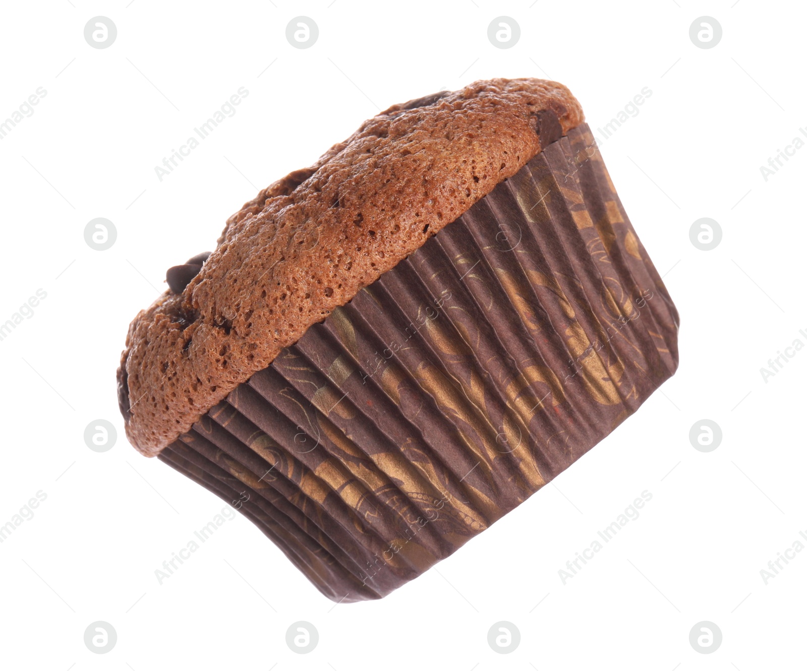 Photo of Delicious sweet chocolate muffin isolated on white