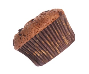 Photo of Delicious sweet chocolate muffin isolated on white