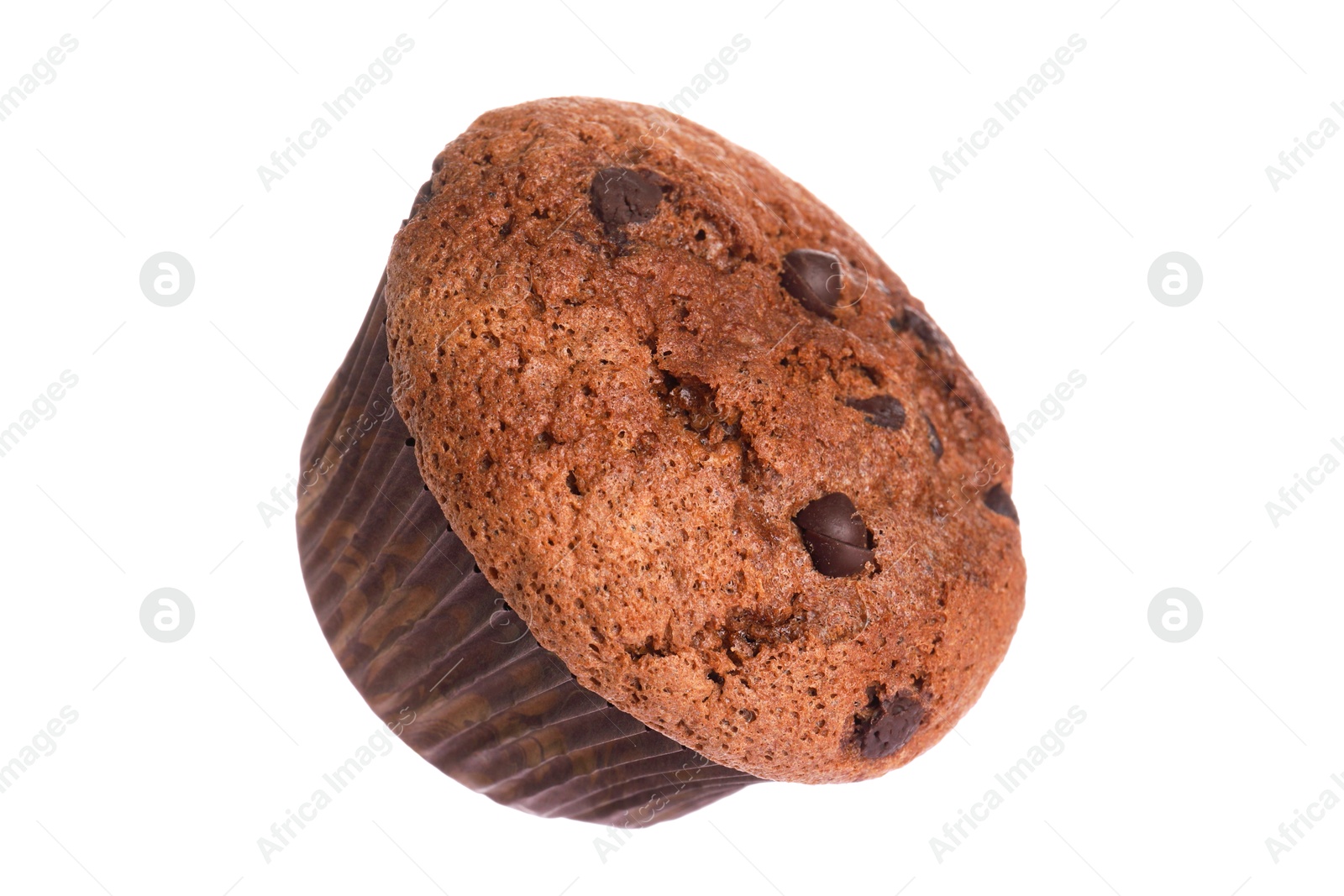 Photo of Delicious sweet muffin with chocolate chips isolated on white