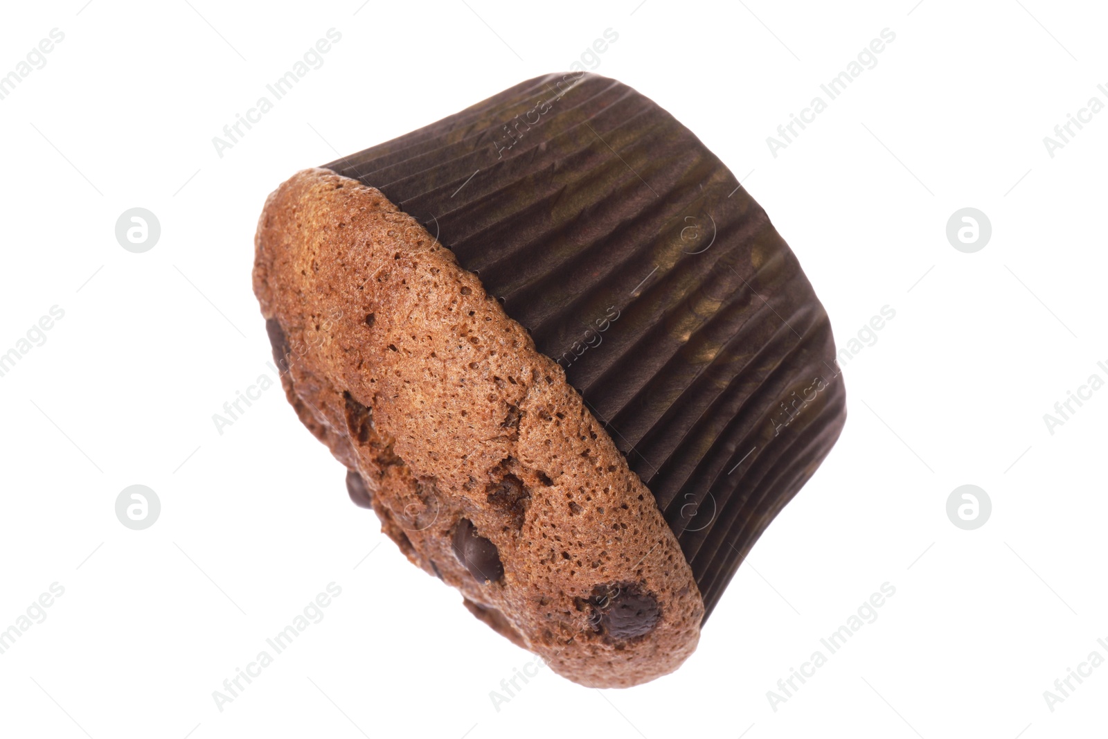 Photo of Delicious sweet muffin with chocolate chips isolated on white