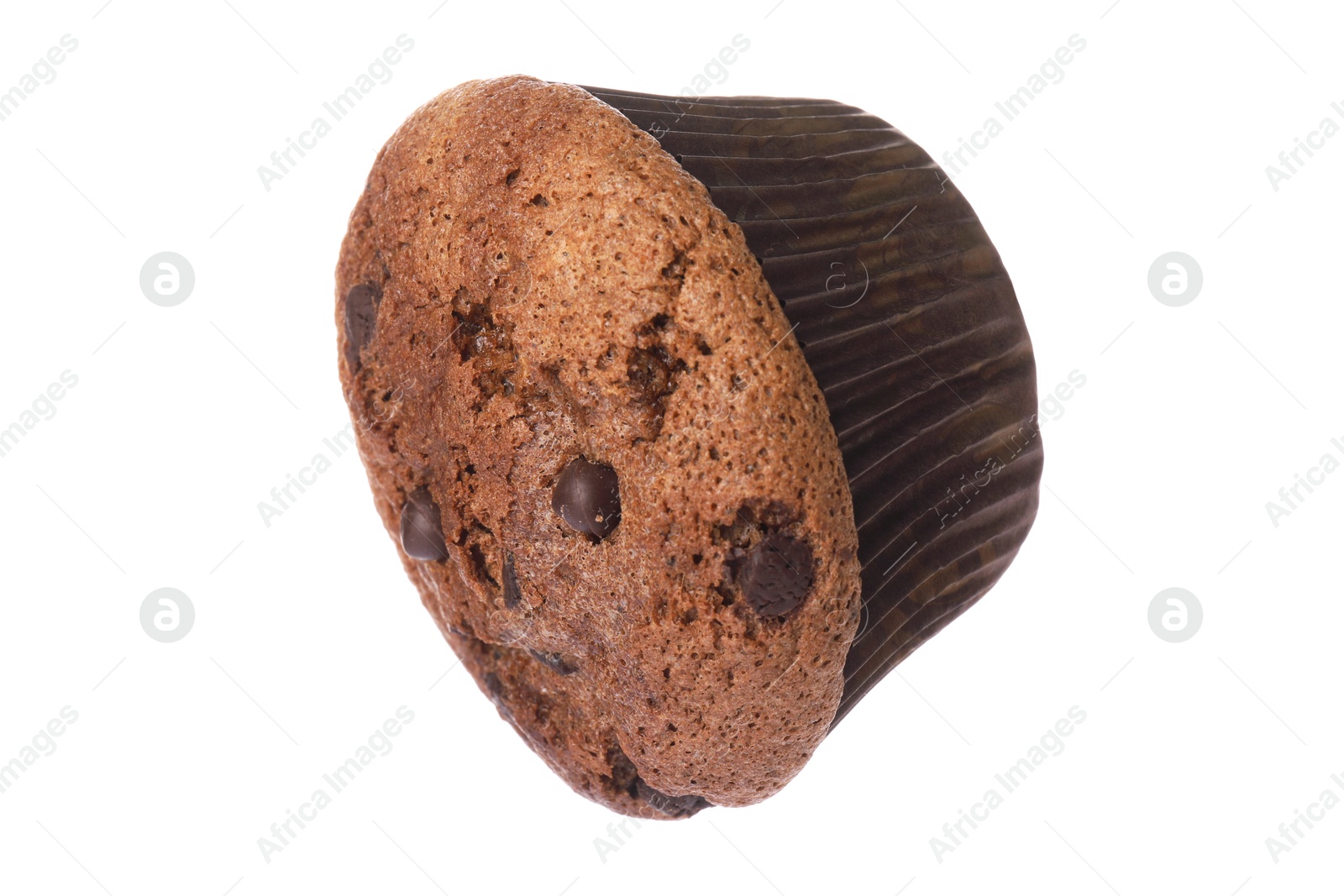 Photo of Delicious sweet muffin with chocolate chips isolated on white