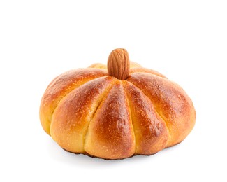 Photo of One tasty pumpkin shaped bun isolated on white