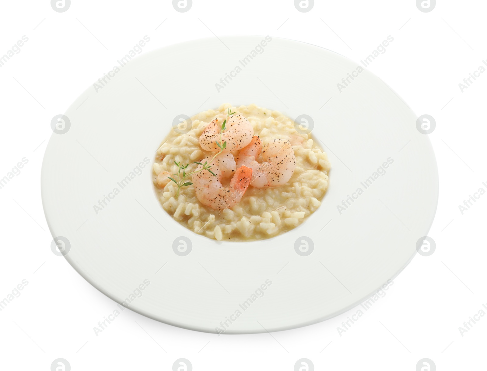 Photo of Delicious risotto with shrimps and cheese isolated on white