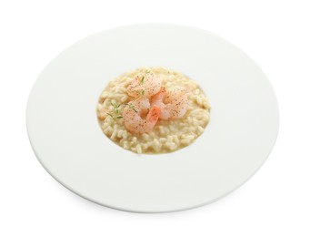 Photo of Delicious risotto with shrimps and cheese isolated on white