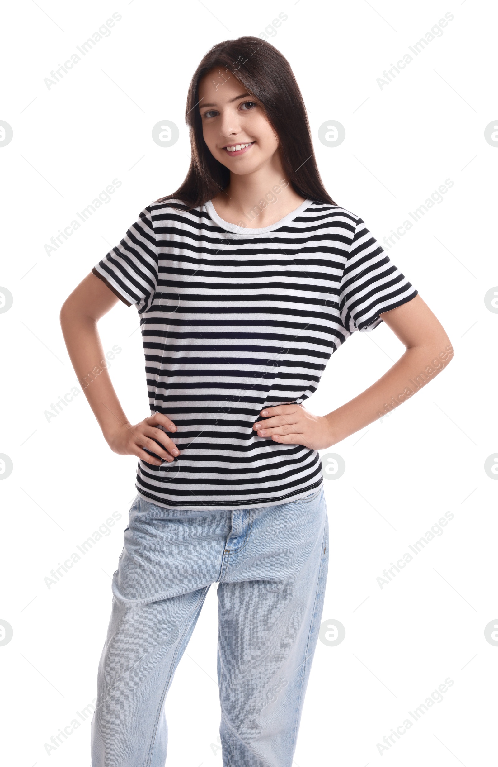 Photo of Portrait of beautiful teenage girl on white background